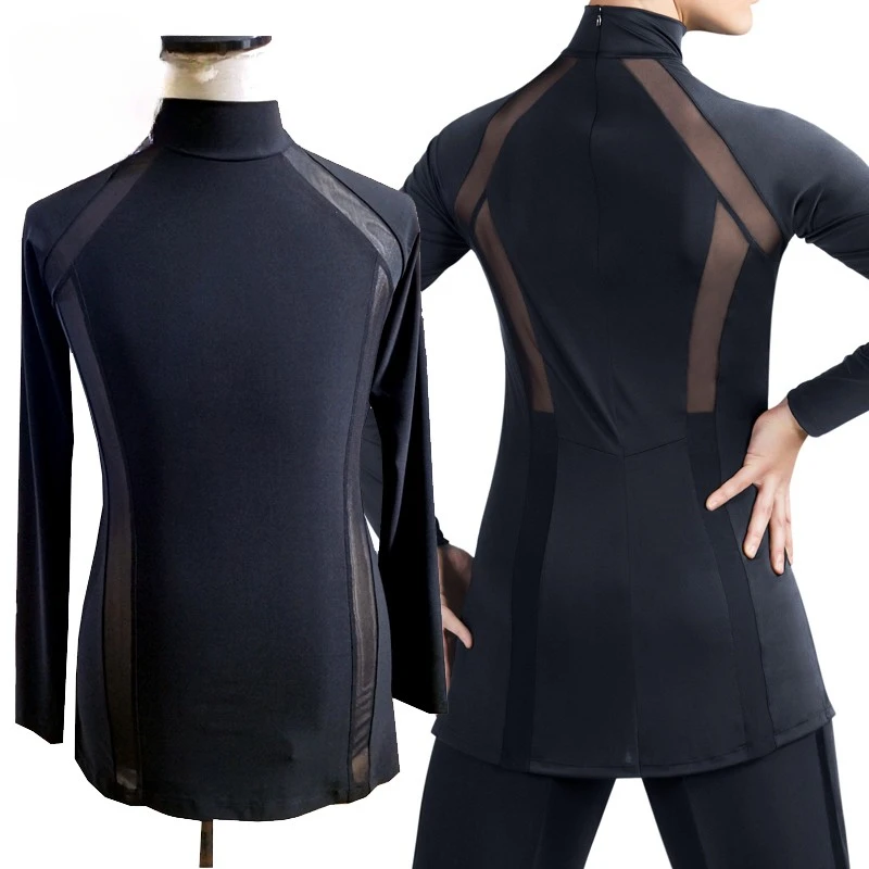 Men Latin Dance Shirts High Neck Mesh Splicing Competition Long Sleeve Top Practice Ballroom Costumes