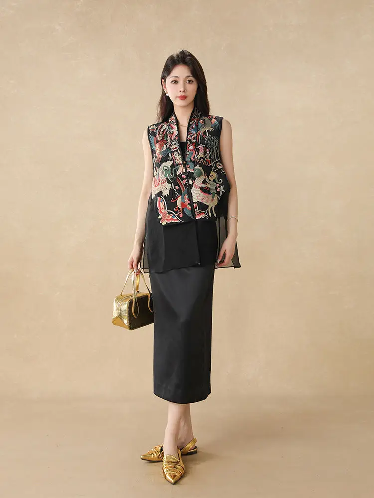 Vintage-Westen im chinesischen Stil, Jacke, genähtes Netz, bestickte Schnalle, Tang-Kostüm, Mantel, Sommer, einzigartige ärmellose Damenweste – Detail 14