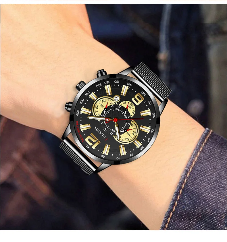 Men's Fashion Business Calendar Watches Luxury Stainless Steel Mesh Belt Analog Quartz Watch Business Luminous Wristwatch Clock