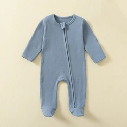 Organic Cotton Waffle Baby Rompers - Zipper Footed Long - Sleeve Jumpsuits - 6M (Blue)