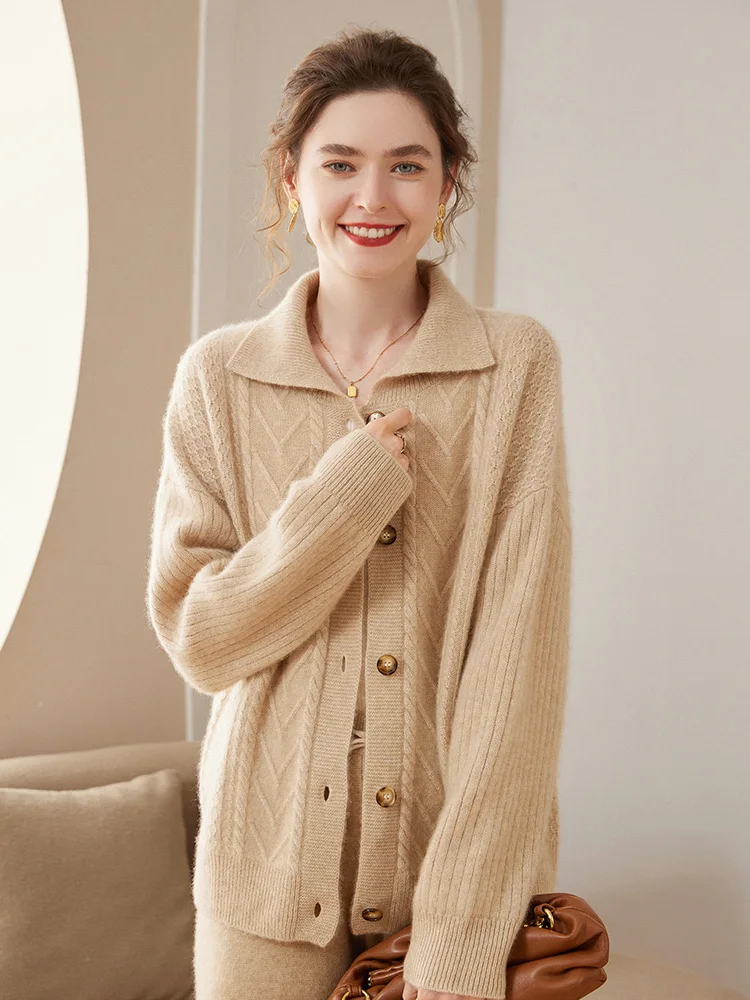 

Addonee 100% Cashmere Sweater For Women Polo Collar Cardigans Winter Thick Warm Cashmere Knitwear Twist Flower Casual Clothing
