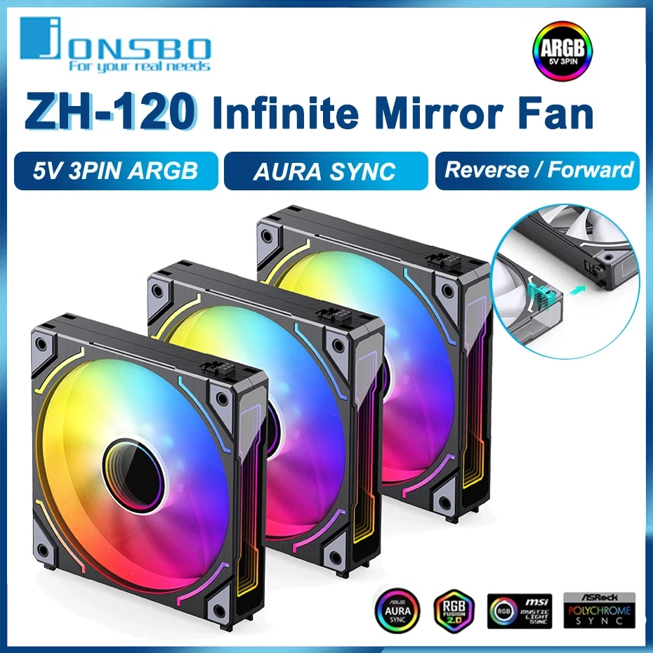 

JONSBO ZH-120 Case Fan 120mm Fantasy 3-Pack Reverse Air Inlet Thousand Layer Mirror Light Effect PWM Silent ARGB Case Fan