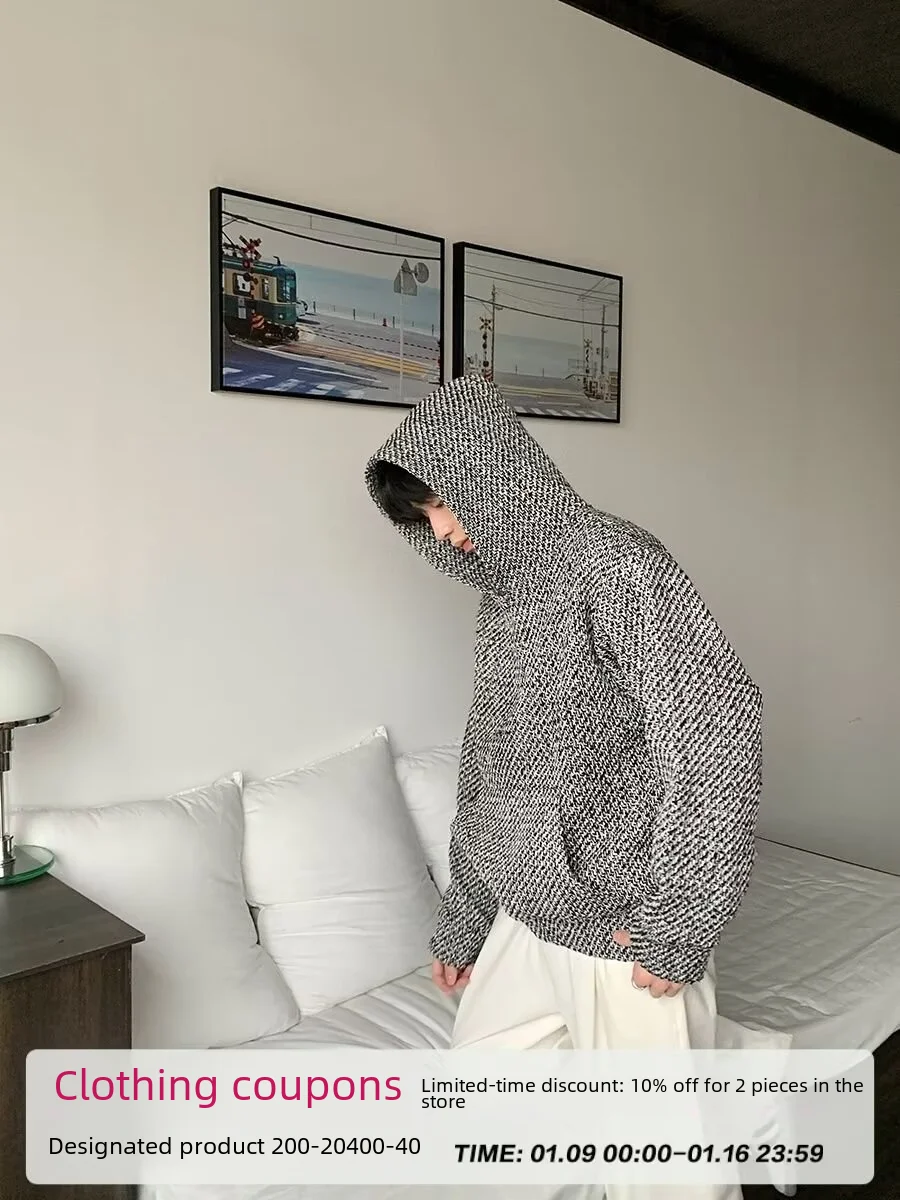 Description Picture 2 of itemAutumn/winter Tweed Style Loose-fit Hooded Plaid Sweatshirt For Couples Casual Pullover Long Sleeve Trendy Heavy Duty Versatile