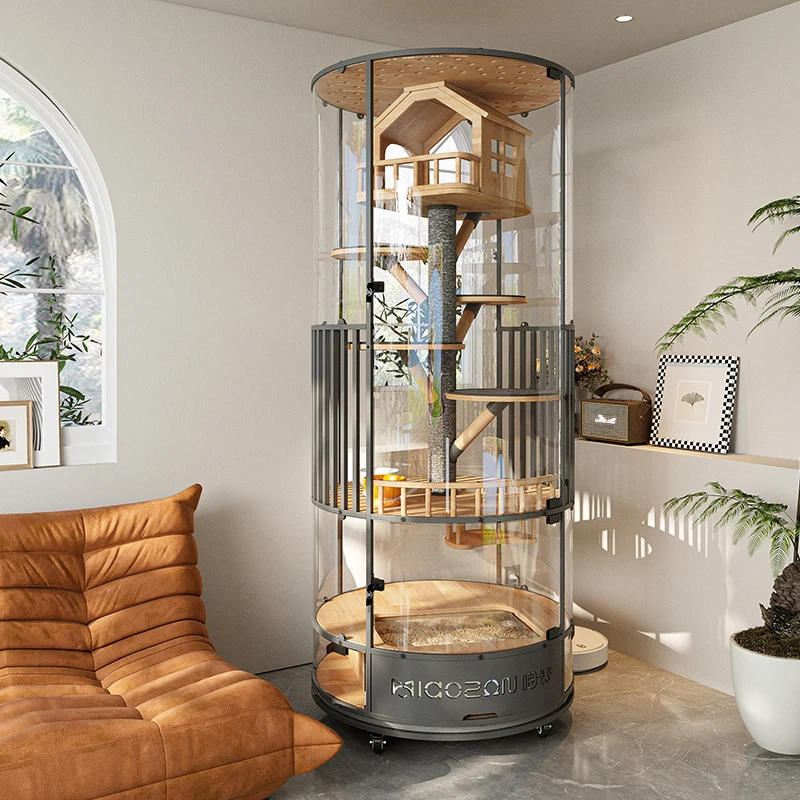 Multifunctional Wooden Cat Tree Tower Large-Scale Indoor Panoramic Cage Comfortable Pet House Glass Pet Furniture