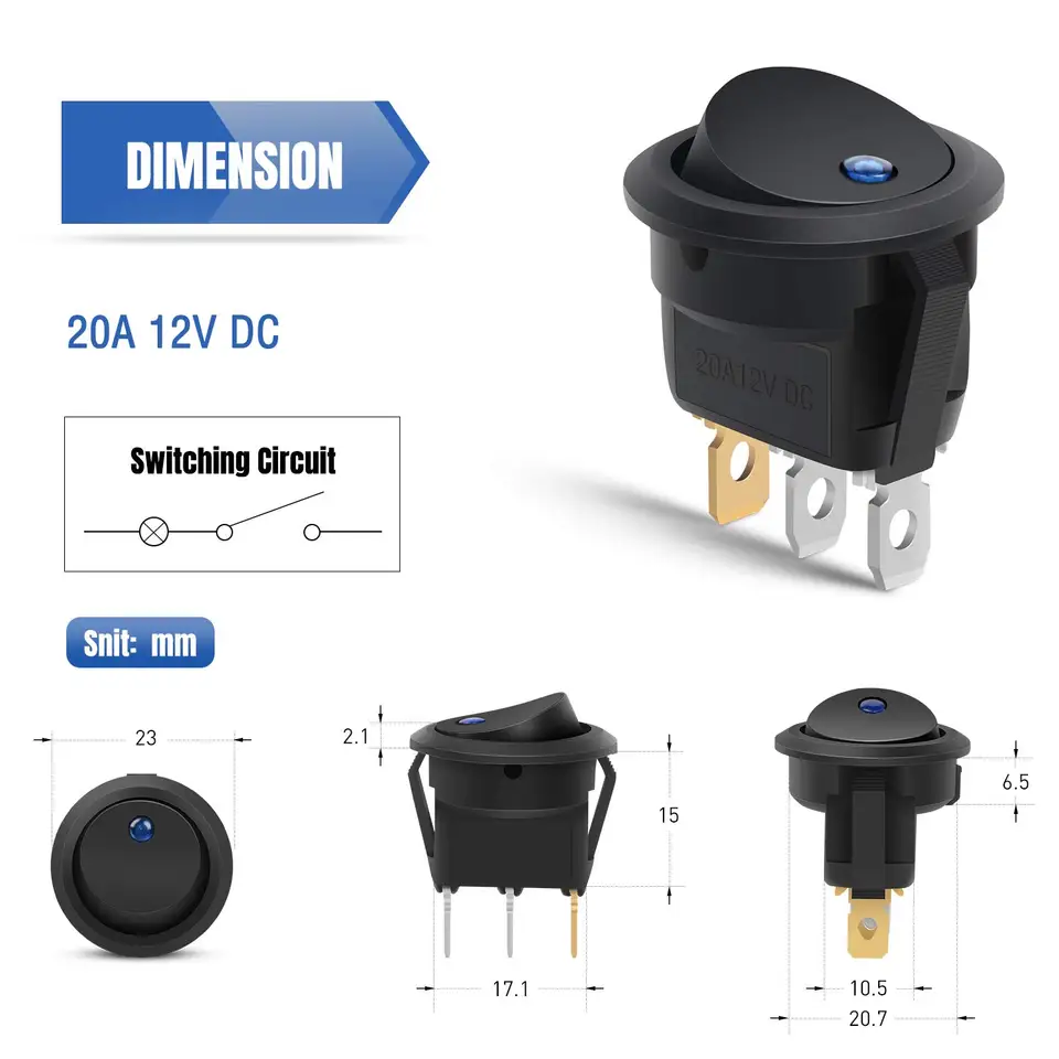 Interruttore a bilanciere rotondo on/off con spia a luce led rossa, e copertura impermeabile 12 V SPST (singolo polo, singolo contatto