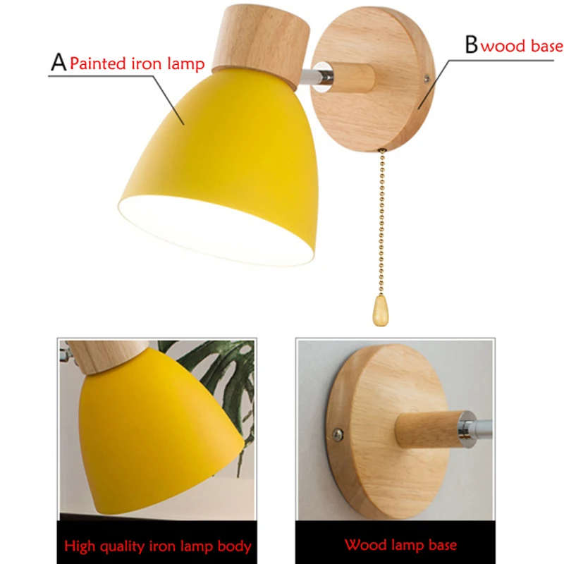 Nordic Wall Lamp Wooden Wall Sconce For Bedroom Living Room Home Lighting E27 Macaroon Bedside Wall Light With Switch Home Decor 4
