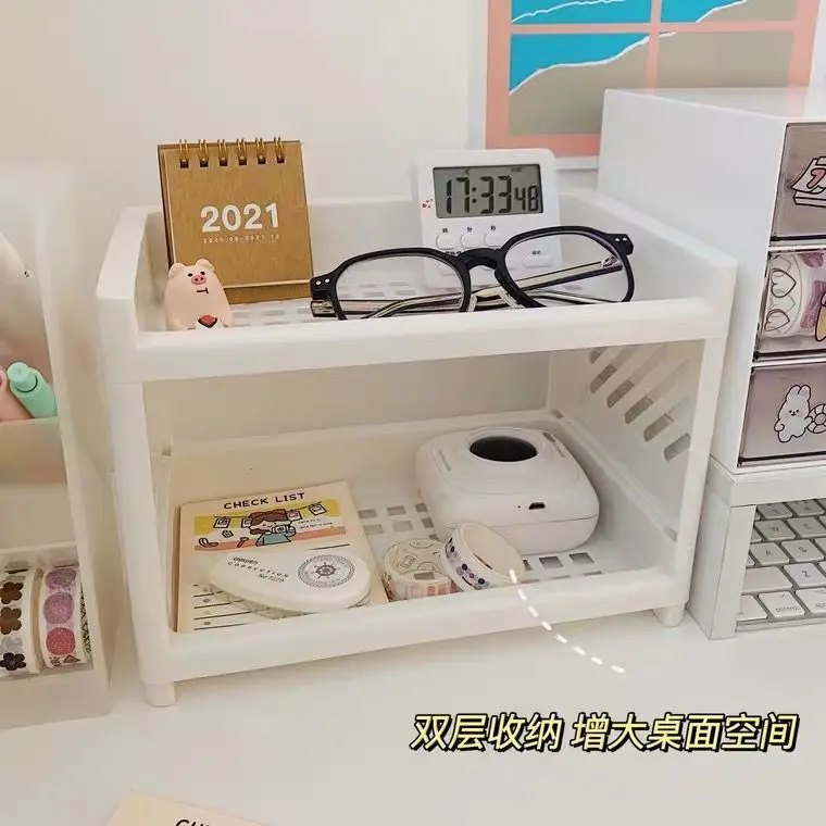 

Double-layer Plastic Desktop Organizer Simple Sundries Storage Holder Small Storage Shelf for Dormitory Stationery Storage Rack