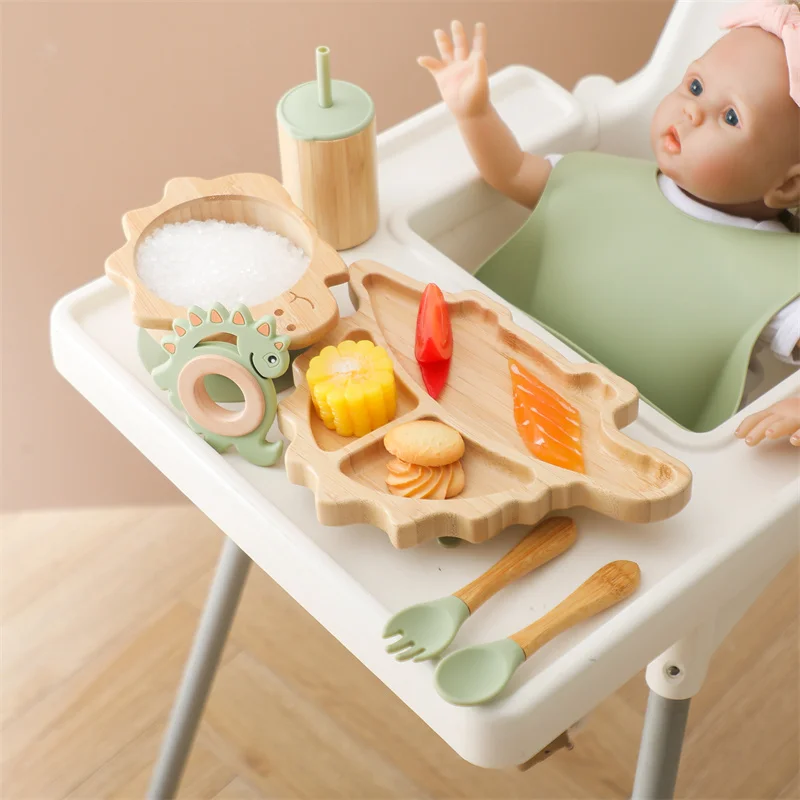 Baby Wooden Tableware Feeding Set Bamboo Dinosaur Plate Bowl Silicone Wooden Handle Frok Spoon Baby Dinnerware Feeding Supplies 5