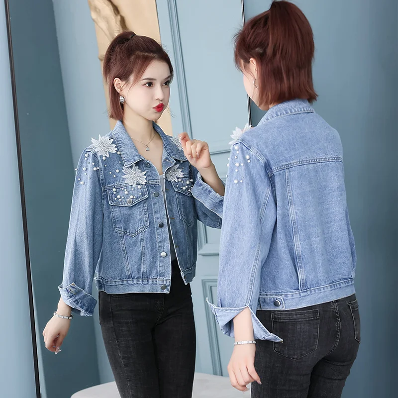 

Women's Denim Jacket 2023 New Spring Autumn Jacket Korean Fashion Long-sleeved Denim Jacket Rhinestone Embroidered Women's Coat