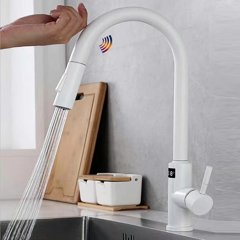 White Smart Touch Digital Display Faucet Stainless Steel Multi-function Pull-out Kitchen Sink Hot and Cold