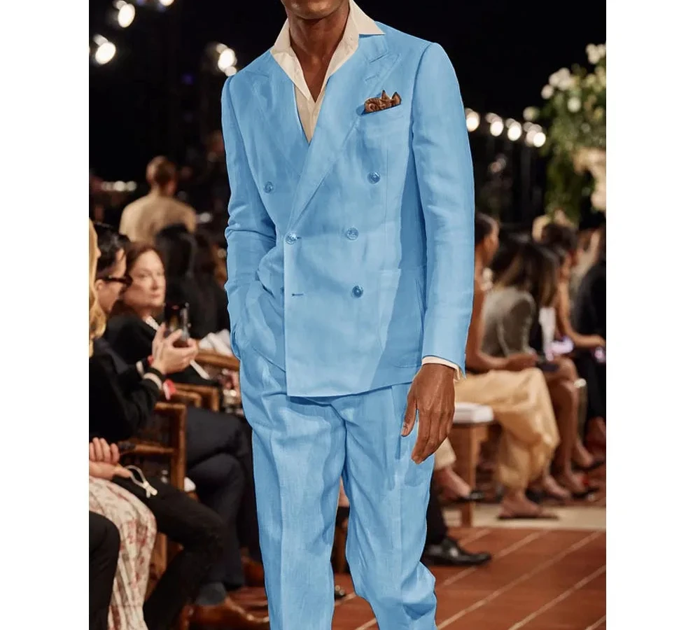 Summer Linen Double Breasted Men Suit Prom Party Slim Fit Blazer Hombre Stage Show High Quality Custom 2 Piece Set Costume Homme