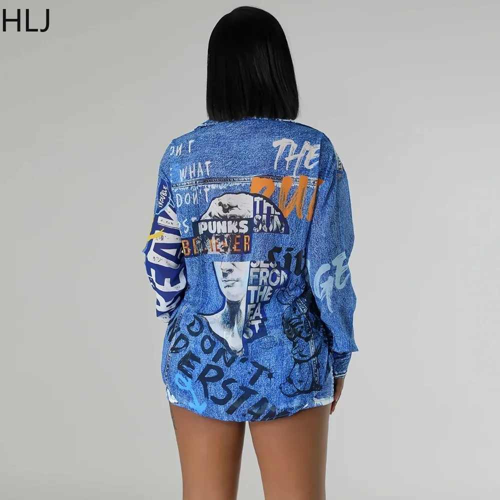 HLJ Fashion Graffiti Print Shirts Two Piece Sets Women Turndown Collar Button Long Sleeve Top And Shorts Outfit Elegant Clothing