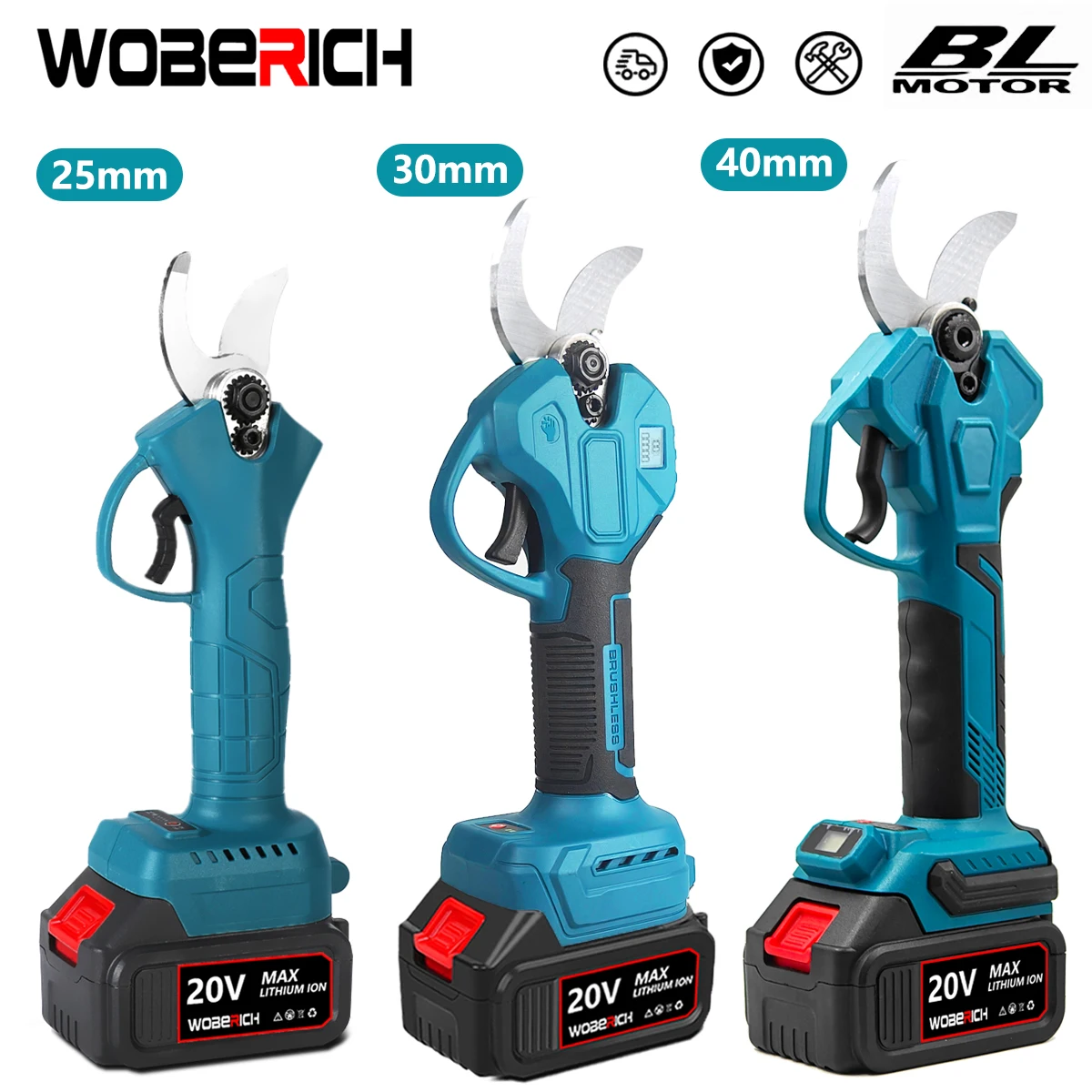 WOBERICH 25 30 40MM Brushless Cordless Electric Pruner Pruning Shear Efficient Fruit Tree Bonsai Branches Cutter For Makita