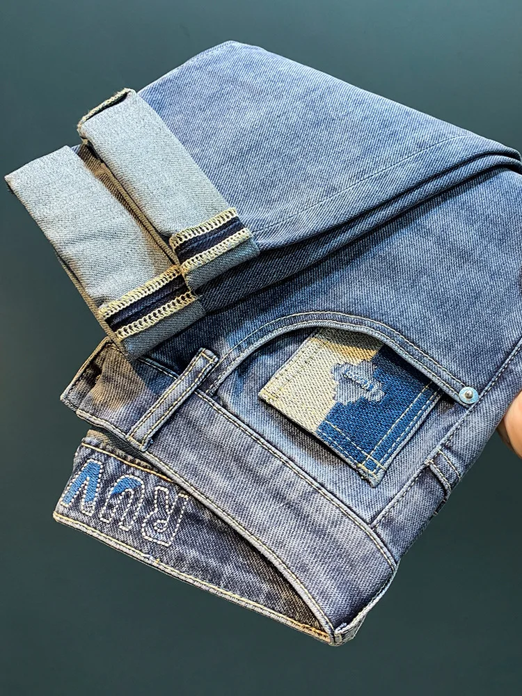 Spring Trend High-End Jeans Blue Simple Embroidered Loose Trousers Korean Style Harem Slim Fit Stretchy Straight-Leg Pants
