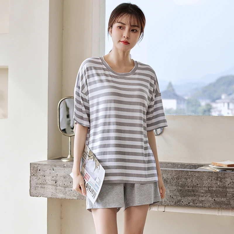 Summer thin new style silk cotton round neck pullover with chest pad women's pajamas short sleeve shorts casual simple home suit