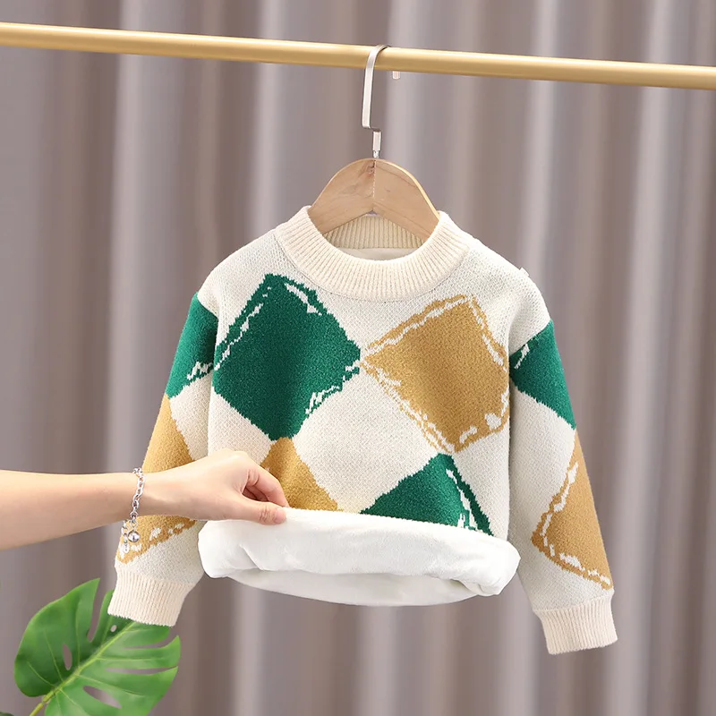 

Baby Boys Velvet Sweaters Kids Knitted Tops Toddler Sweatshirt Grid Knitwear 2023 Fall Winter Children's Korean Style Clothes