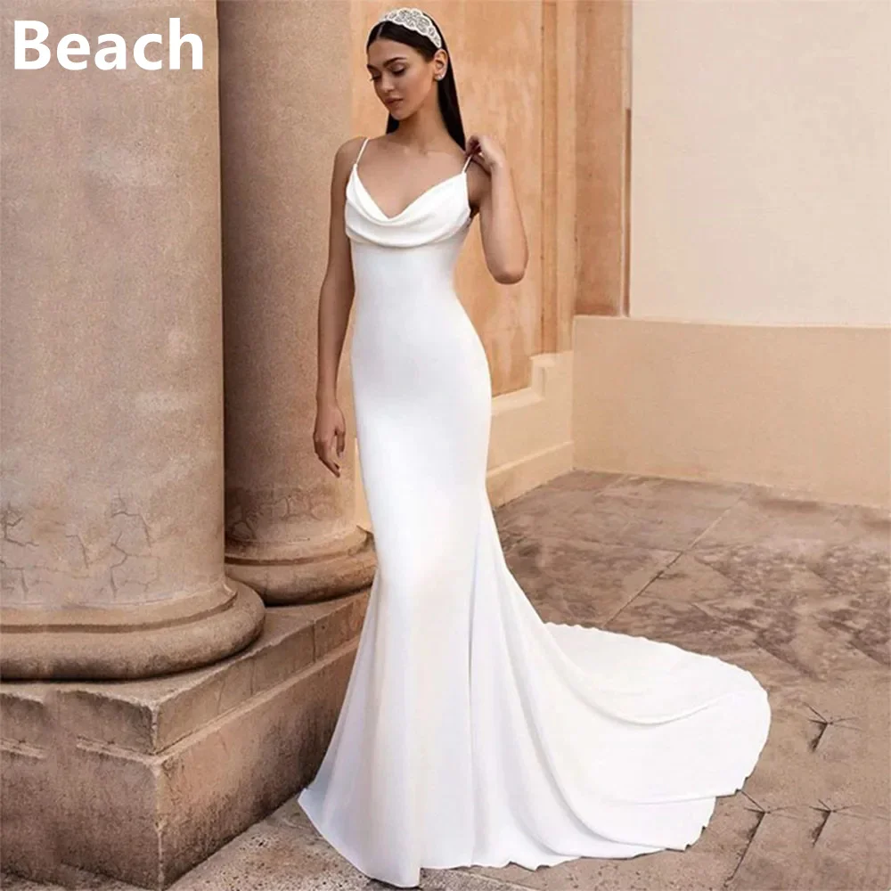 

Simple Mermaid Wedding Dress White Satin Cowl Neck Sexy Spaghetti Strap Beach Bridal Gown Long Train Buttons Vestido de Novia