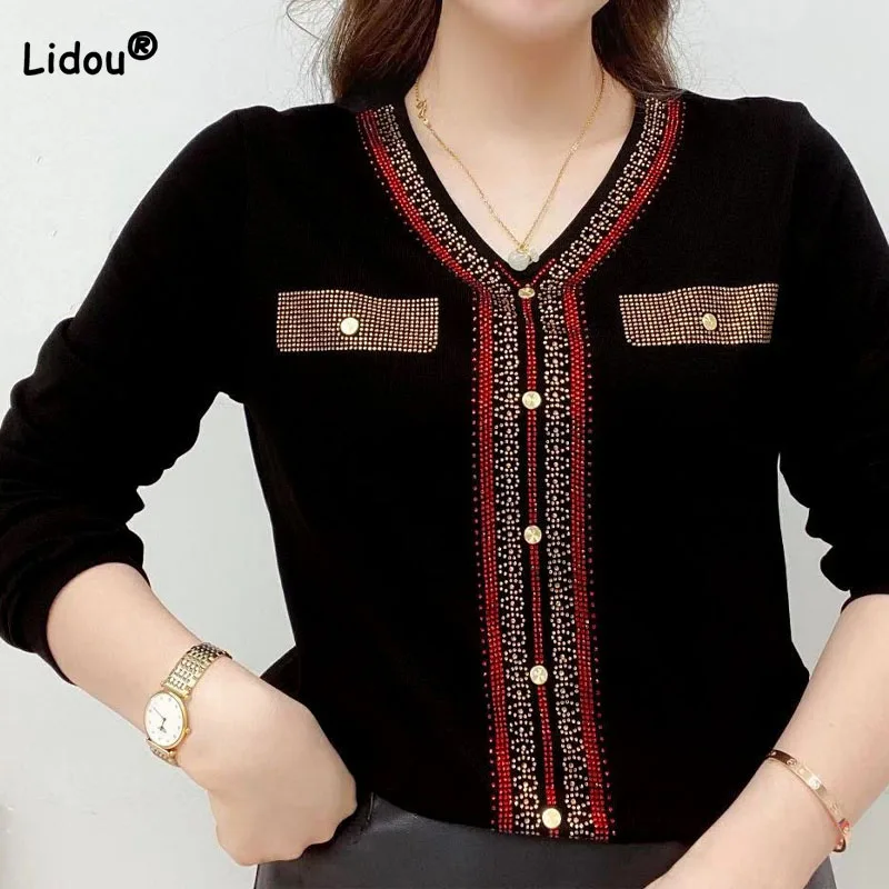 

Women's Clothing Korean Fashion Diamonds Spliced V-Neck Tops Autumn Winter Commute All-match Long Sleeve T-shirt for Female