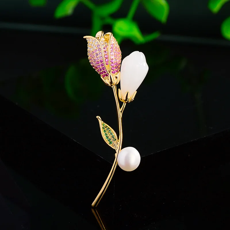

OKILY Romantic Budding Rose Micro-set Zircon Brooch Pin for Women Corsage Clothing Ornament Valentine's Day Gift Flower Pins