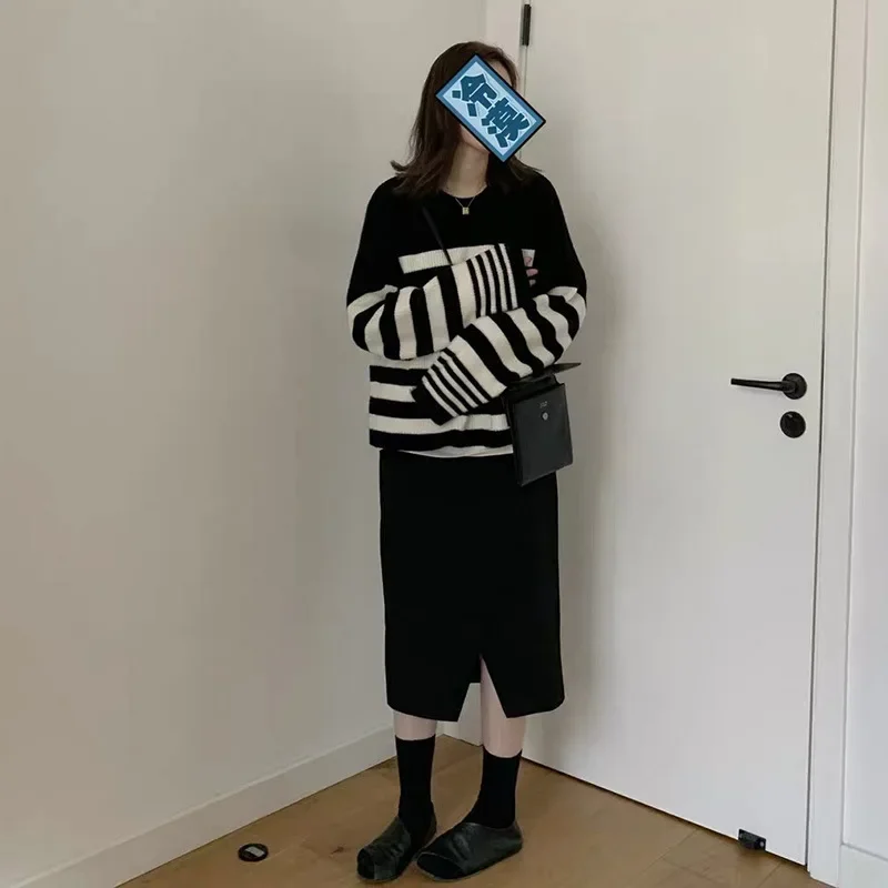 Maternity Fashion Knitted Mid-Length Split Skirt Stylish Outerwear Slimming Autumn Winter Half-length A- Line Skirt for Mommy