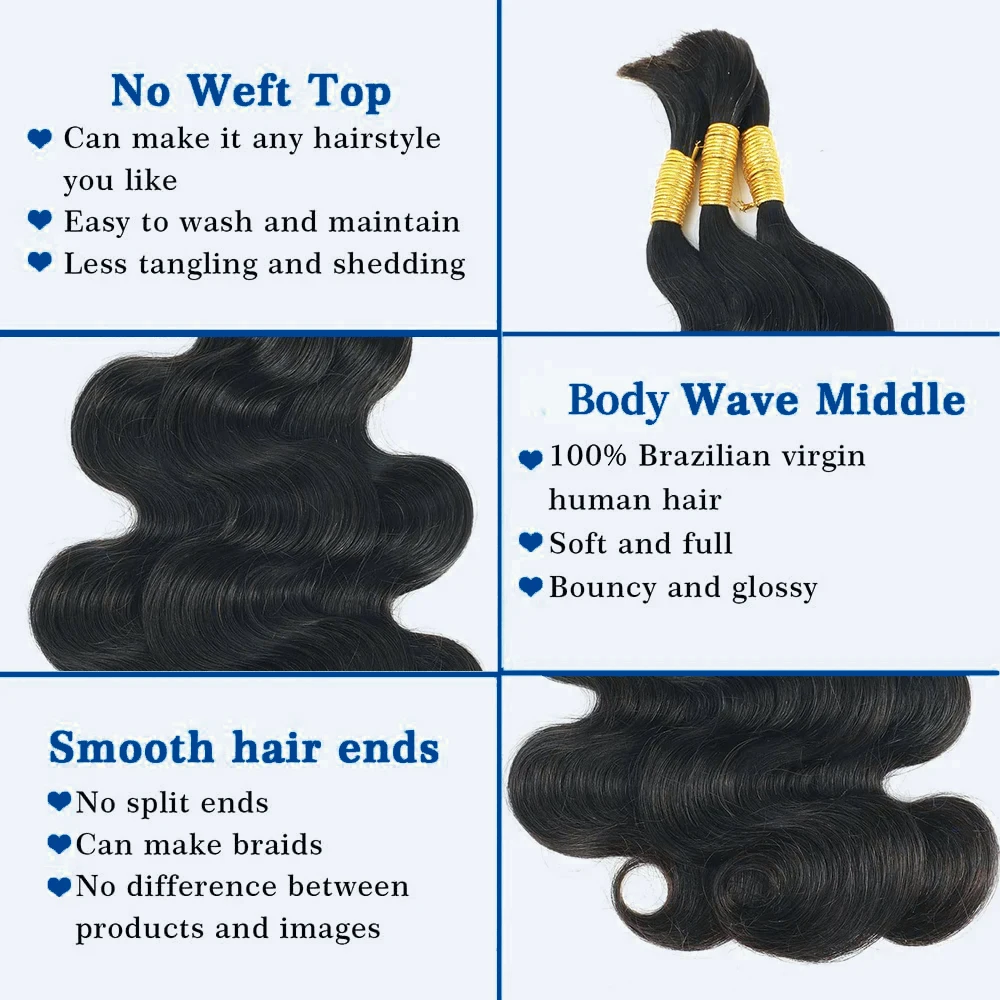 Natural Black 100% Human Hair Body Wave Bulk Hair for Braiding 1B No Weft Bulk Extensions