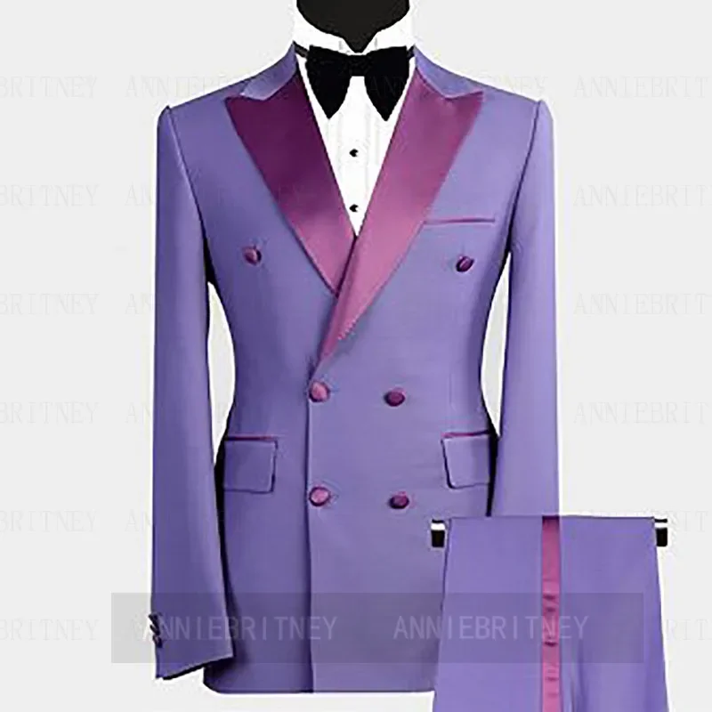 Sky Blue Double Breasted Elegant Men Suit Formal Groom Tuxedo Prom Slim Fit Blazer High Quality 2 Piece Set Costume Homme