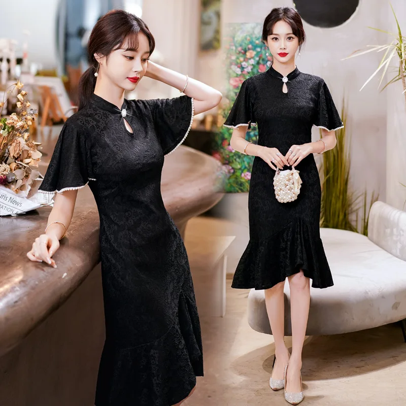 

FZSLCYIYI Chinese Traditional Women Daily Clothing Flying Sleeve Mermaid Cheongsam Modern Improved Black Qipao Dress