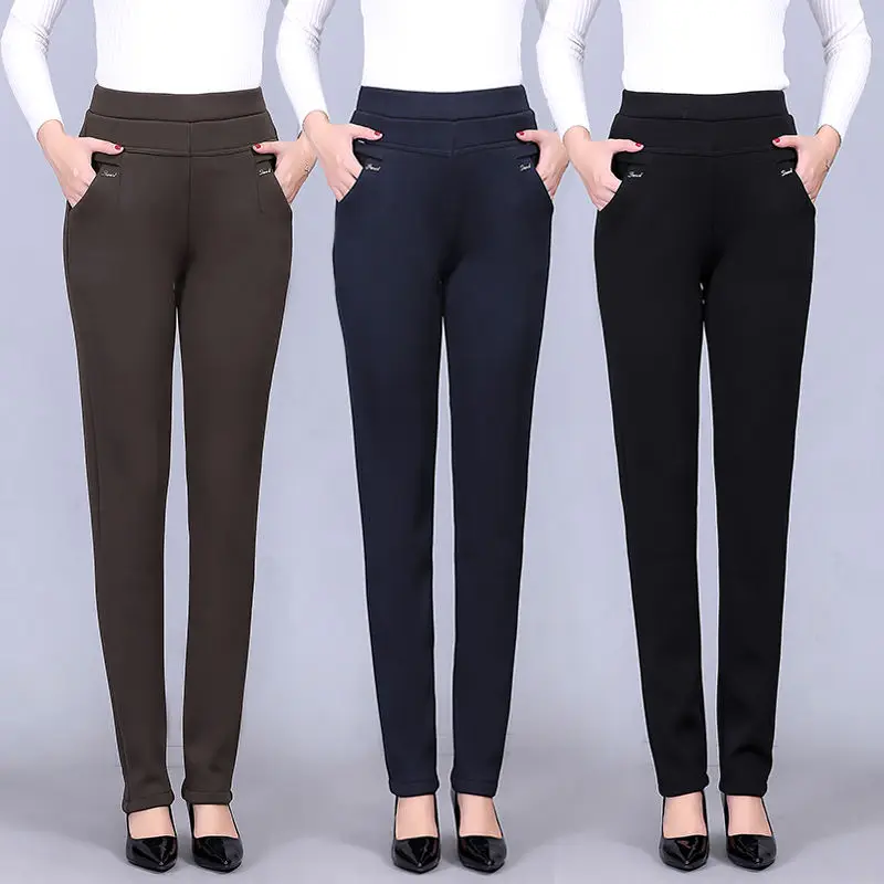 Office Lady Slim Casual Plus Fleece Thickening Solid Color Pants Autumn Winter Women's Clothing All-match Fashion Pencil Trouser