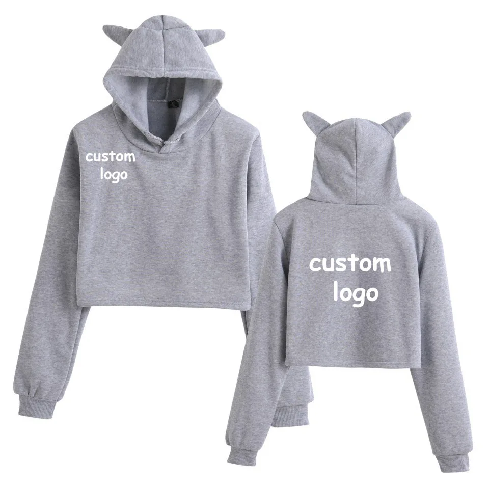 Custom Hoodie with Your Logo Cat Ear Short Hooded Long Sleeved Hoodie Pullover Solid Color Sweater Women Top Short Hoodie