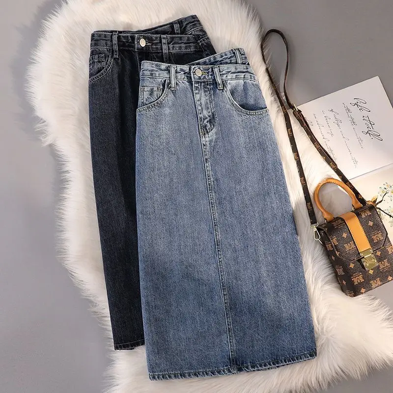 

Женская джинсовая юбка средней длины, свободная синяя юбка средней длины с разрезом, модель P971 в Корейском стиле на лето