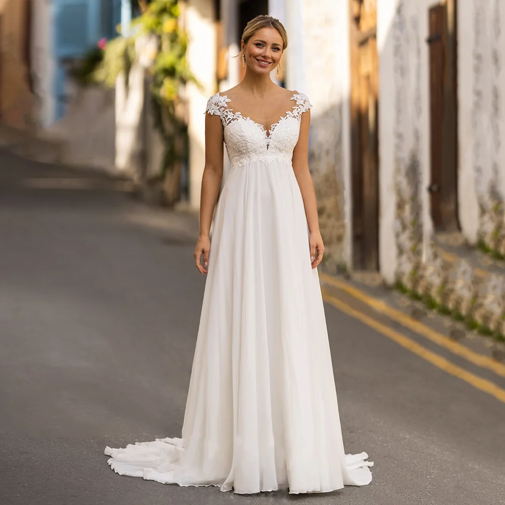 ADLN Empire Wedding Dress for Pregnant Bride Customized Cap Sleeve Sequin Applique Sweep Train Beach Bridal Gown Vestido Noiva 4