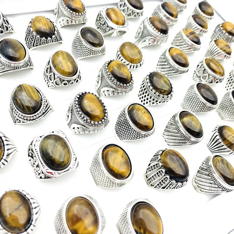 

20PCs Retro Natural Stone Rings For Men Women Antique Silver Plated Carved Pattern Fashion Jewelry Party Gift Wholesale Lot