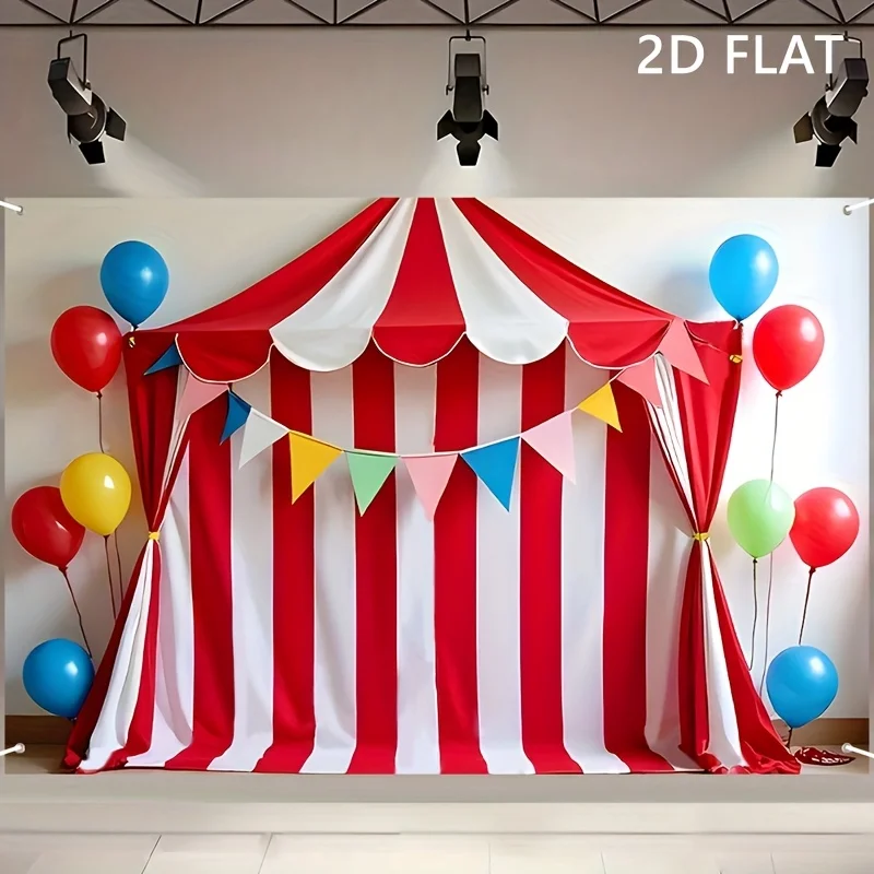 2D-Flachbanner, rot-weiß gestreift, Zirkus-Party-Hintergrund, Polyester, Karnevalsbanner mit Luftballons, festliche Geburtstagsparty-Dekoration