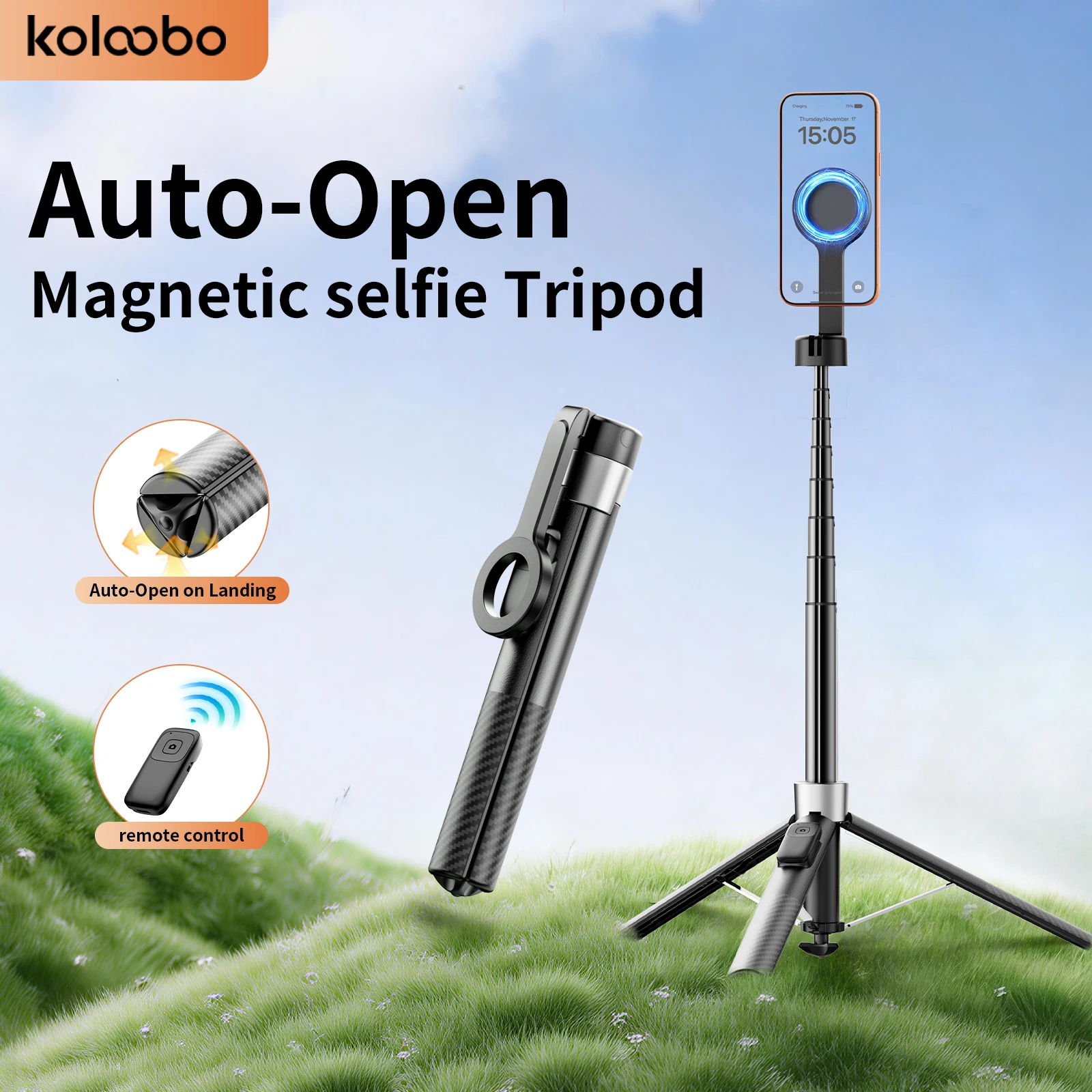 Extendable Double-Sided Magnetic Selfie Stick with Remote Auto-Open Tripod for Live Streaming and Vlogging, 1.8m Length