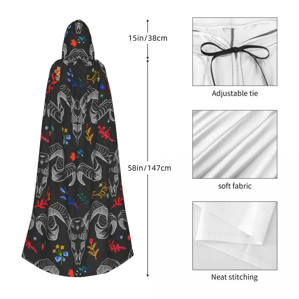 Hooded Cloak Polyester Unisex Witch Cape Costume AccessorySkull With Horns Among The Flowers