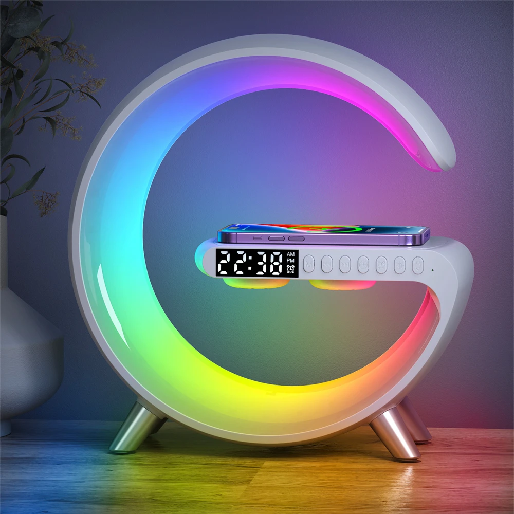 Réveil multifonctionnel haut-parleur RGB lampe de Table lumière ambiante chargeur sans fil APP contrôle LED veilleuse Station de charge