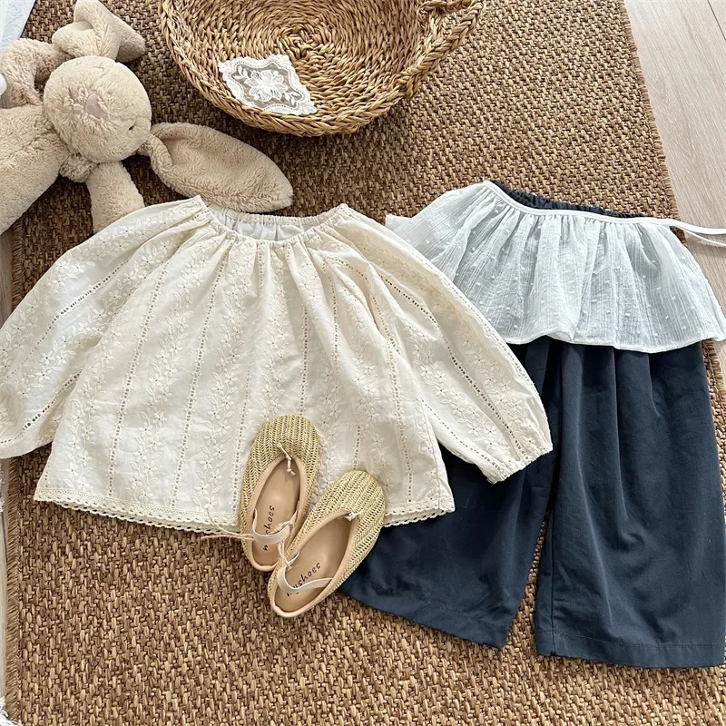 5593 Children Pants Spring and Autumn New Solid Color Pleated Wide-leg Pants for Girls Elastic Waist Slant Trousers