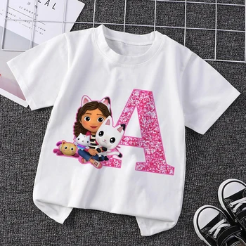 Gabby Dollhouses Children T-Shirts English Letters T Shirt Cute Cartoon Short Sleeves Tops Summer Casual Clothing Girls Clothes