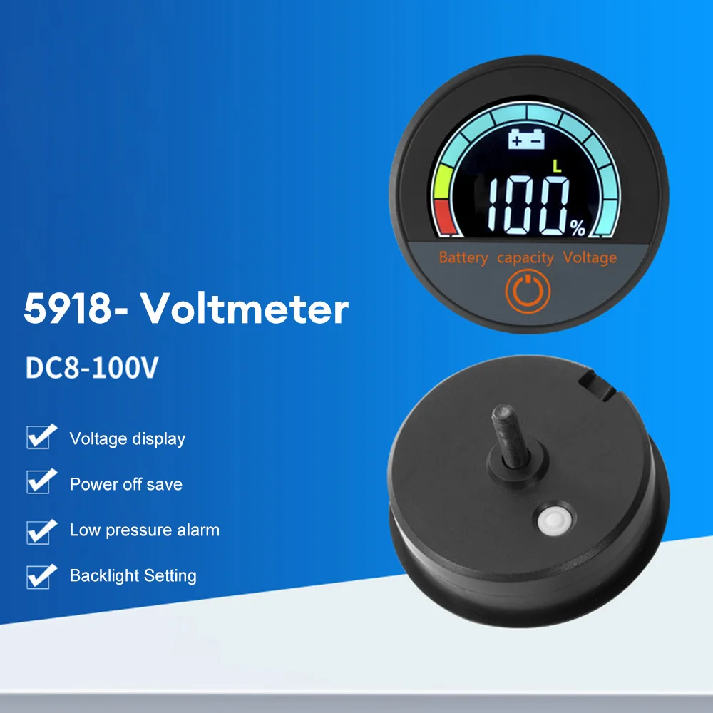 

DC7-100V Digital Circular Voltmeter Waterproof Battery Capacity Monitor Voltage Meter Temperature Tester Battery Level Indicator