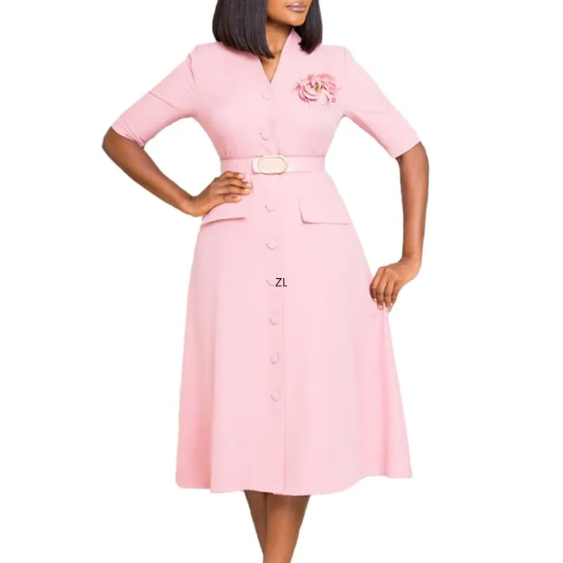 

Women Summer Autumn Dress Ladies 2023 Casual Slim Office Dress Retro Elegant V-Neck High Waist Half Sleeve Party Pleated Dress