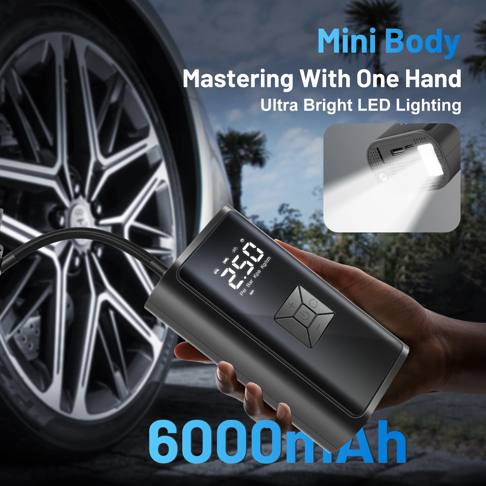 150PSI Cordless Air Pump 12V Tire Air Compressor LED Light USB Rechargeable Full-Screen Digital for Car Motorcycle Bicycle