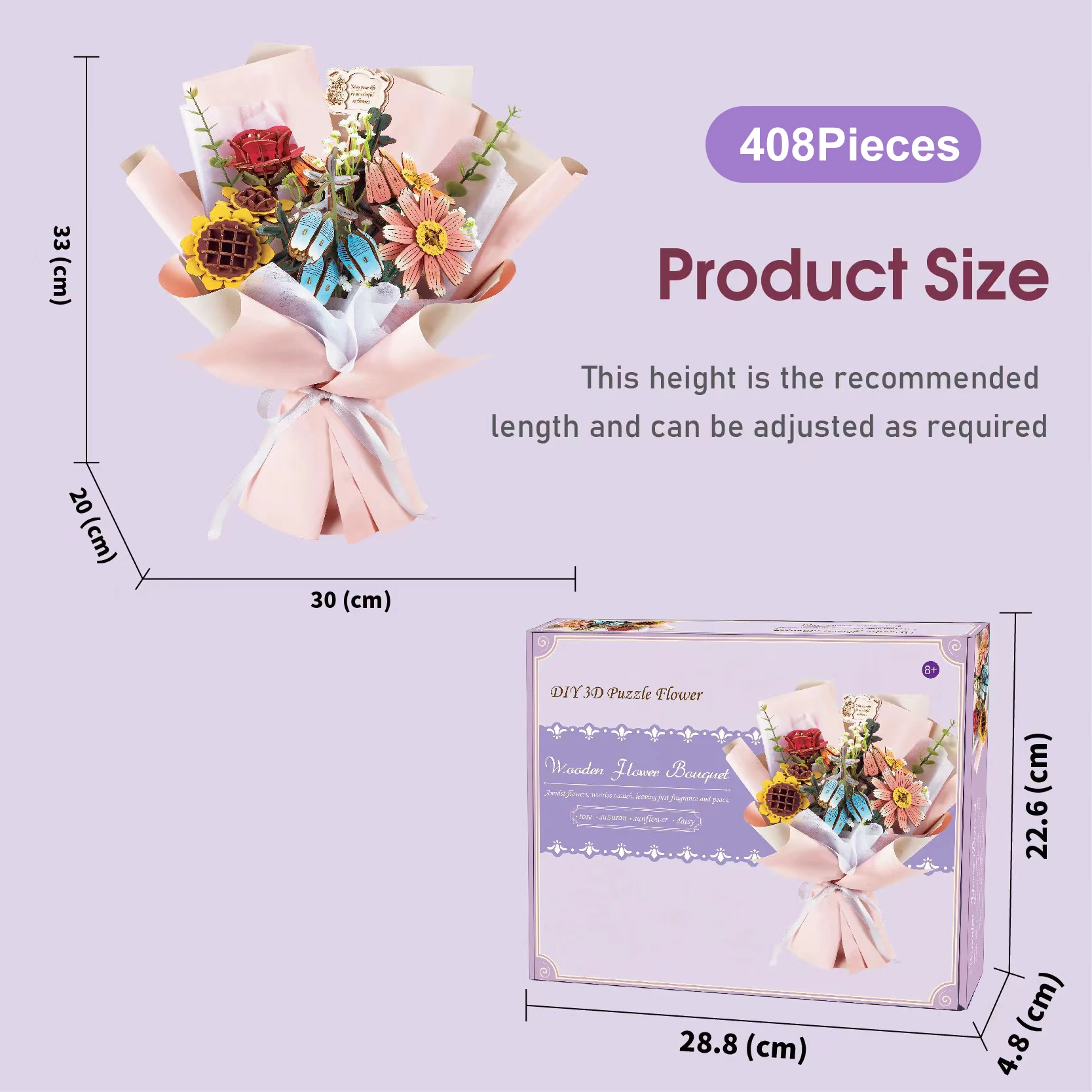 Wood Art 3D Puzzle Block Flower Crafts Assembly Bouquet Desktop Decoration Children's Puzzle Assembly Model Xmas Girlfriend Gift