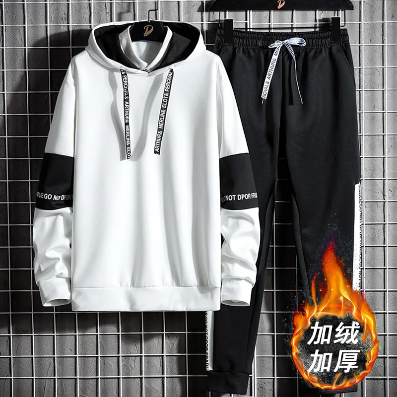 Autumn Winter New Loose Casual Printed Hoodies Pants Set Men Add Velvet Patchwork Fashion All-match Hooded Top Sweatpants Suit