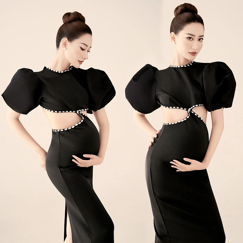 

Dvotinst Women Photography Props Maternity Dresses Black Hollow Out Elegant Pregnancy Trailing Dress Studio Shooting Photo Props