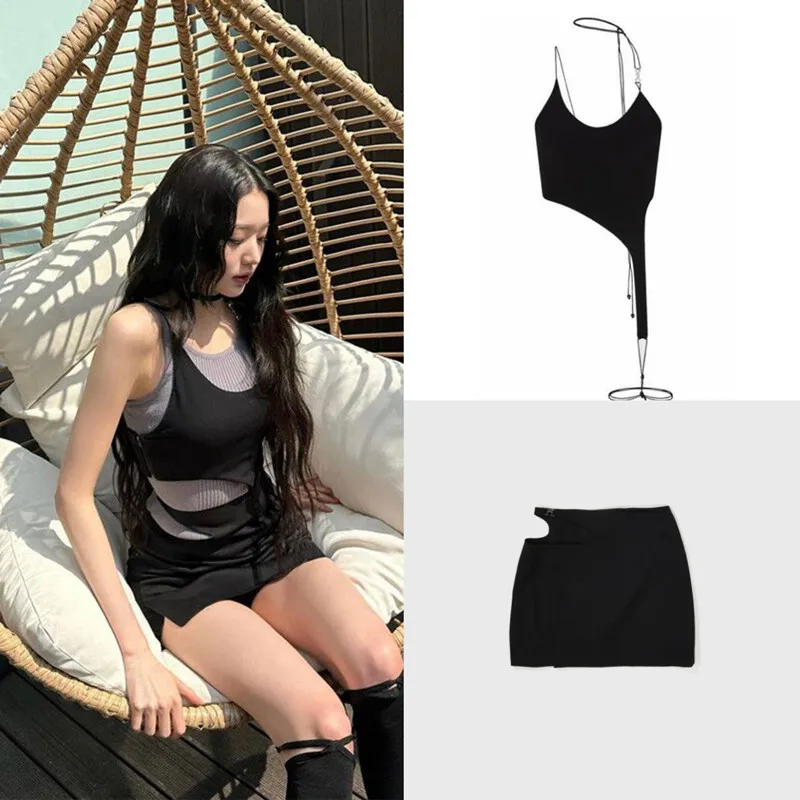 Kpop Jang Won Young Summer New Y2k Clothes Sexy Slim Hanging Neck Suspender Vest Knitted Crop Top Hollow Out Mini Skirt Outfits