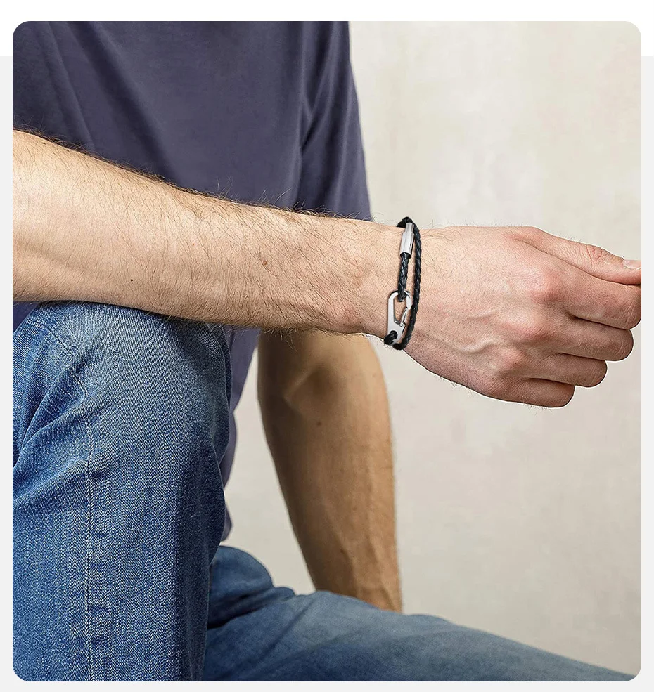 Vnox doppellagige schwarze gewebte PU-Lederarmbänder für Herren, kräftiger Hakenschließe aus Edelstahl, DIY-Schmuck erhältlich – Detail 2