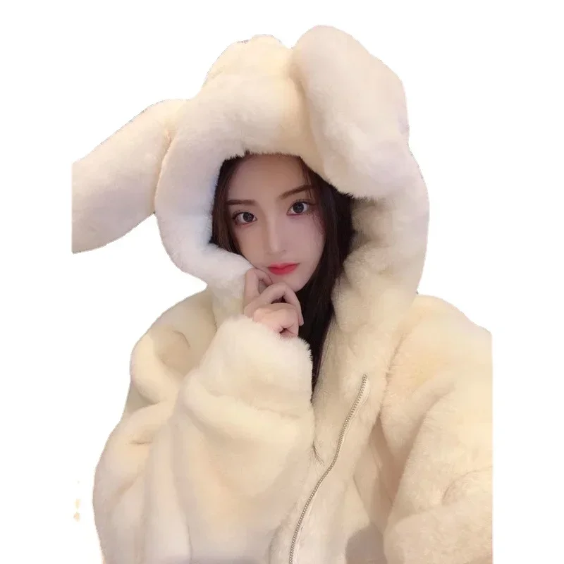 2023 Winter New Rabbit Fur Environmental Protection Fur Thickened Fleece Velvet Coat Female Cute Ears Hooded Mid-Length Coat