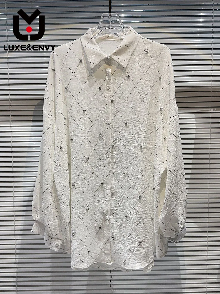 

LUXE&ENVY Netizen Same Style 2023 Autumn New Dark Celebrity Diamond Plaid Water Diamond Hot Diamond Design Loose Shirt Female