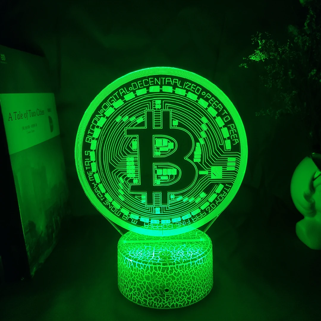 

3D Acrylic Led Night Light Bitcoin Table Art Lamp for Room Decorative Nightlight Touch Sensor 7 Color Changing Battery Powered