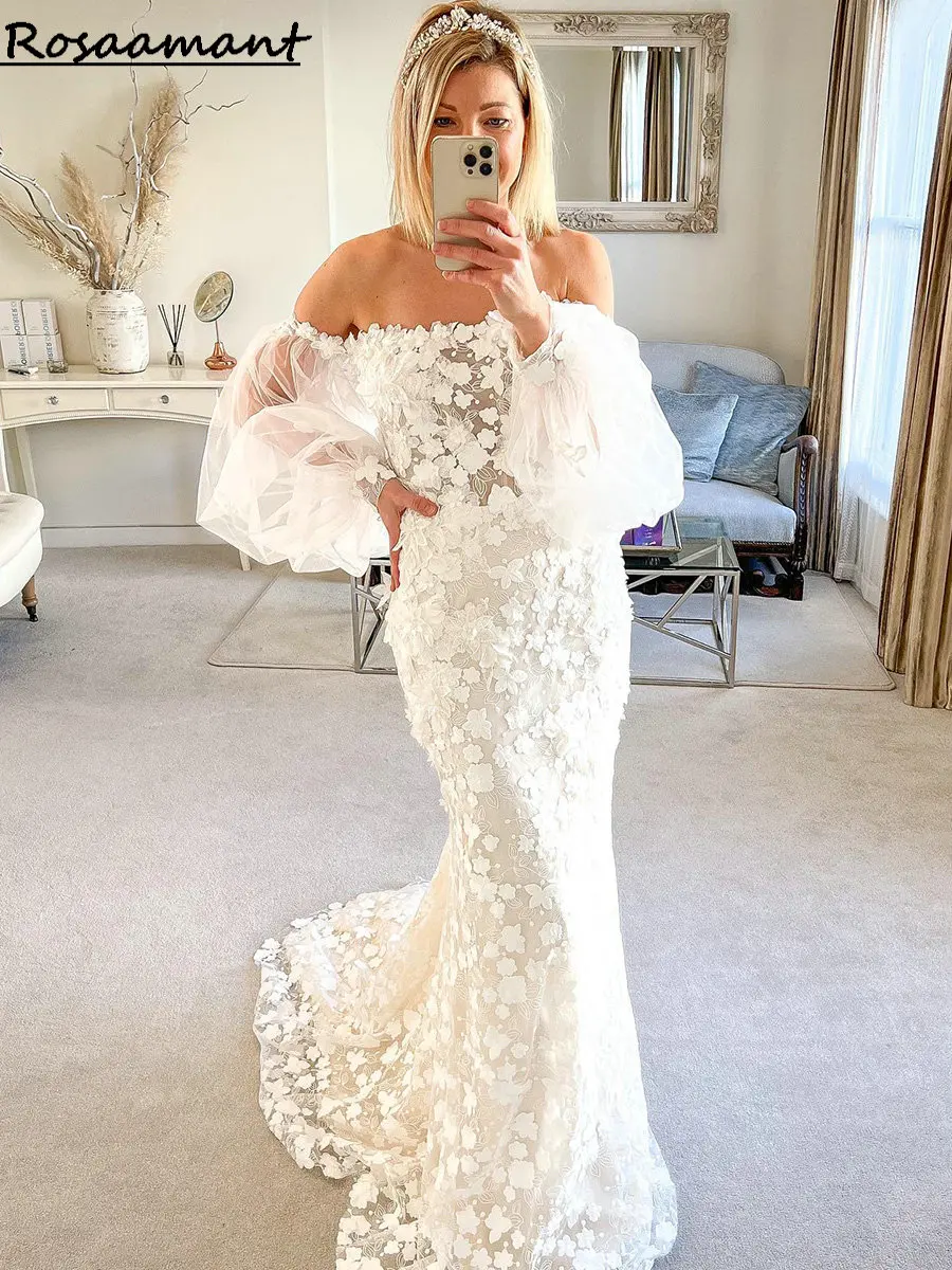

Charming illusion Off The Shoulder Mermaid Wedding Dresses Long Sleeve 3D Floral Lace Bridal Gowns Vestidos De Novia